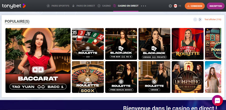capture d'écran casino live tonybet casino