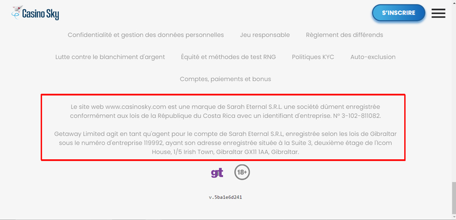 capture d'écran licence casino sky