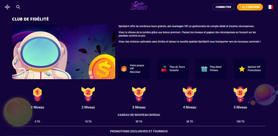 capture d'écran du club fidélité de spin spirit casino