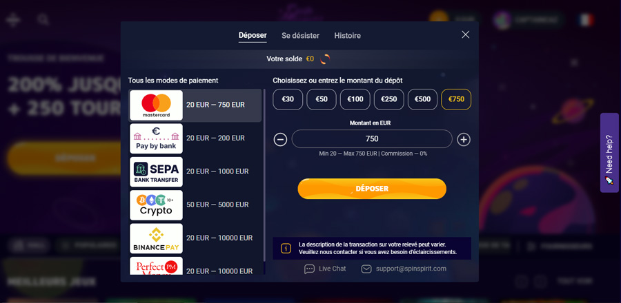 capture d'écran du processus de dépôt spin spirit casino