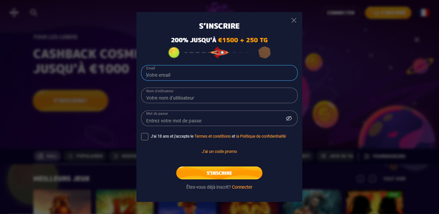 capture d'écran l'inscription sur spin spirit casino