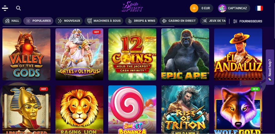 capture d'écran des jeux de spin spirit casino