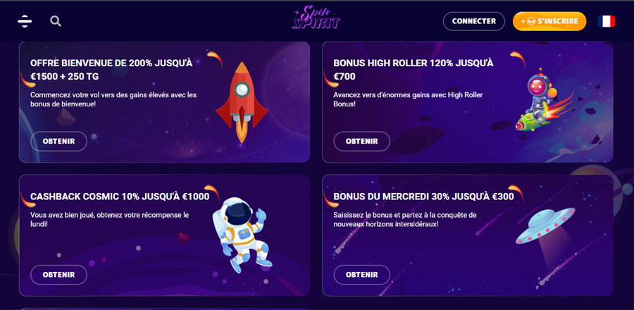 capture d'écran des promotions sur spin spirit casino