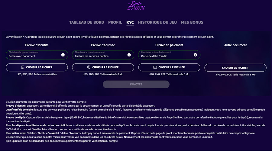 capture d'écran du processus de vérification spin spirit casino