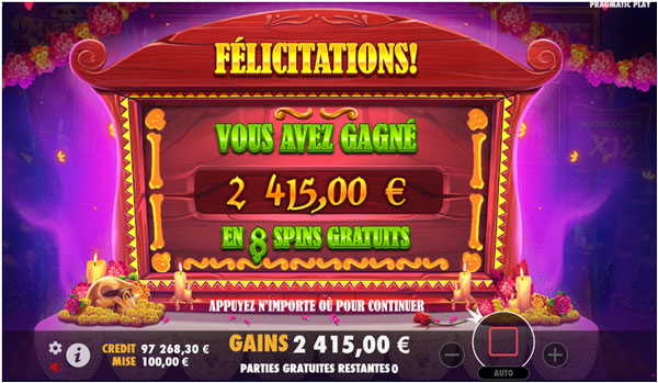 capture d'écran gains free spin slot muertos multiplier
