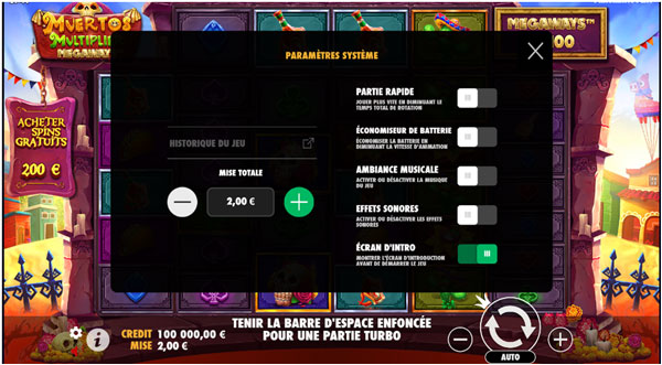 capture d'écran parametres slot muertos multiplier