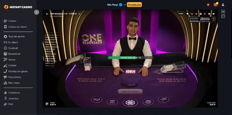 capture d'écran one blackjack instant casino