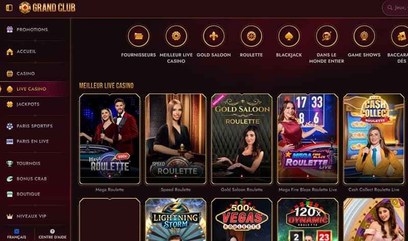 section des casinos live disponibles sur grand club casino