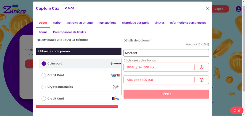 capture d'écran dépôt zinkra casino