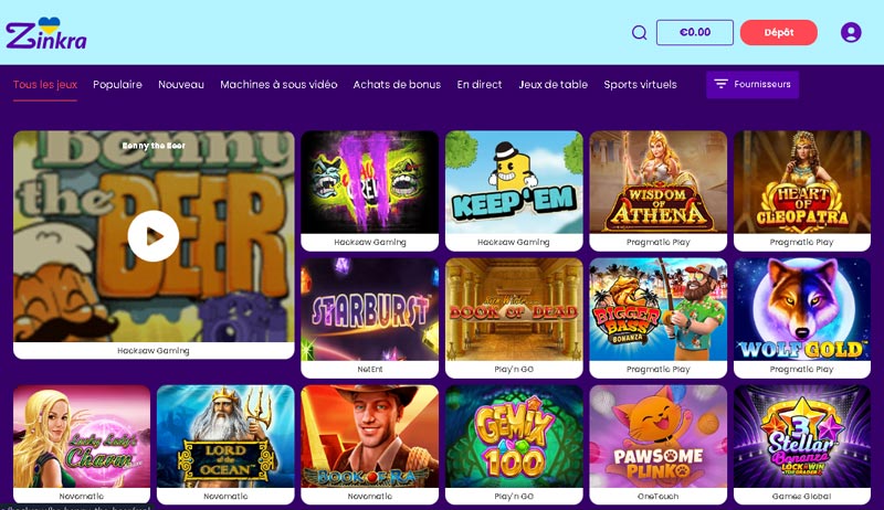 capture d'écran jeux zinkra casino