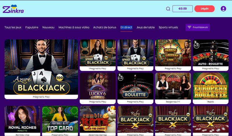 capture d'écran live casino zinkra casino