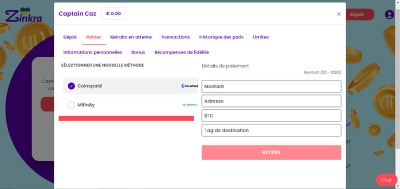 capture d'écran retrait zinkra casino