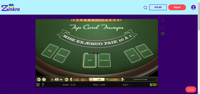 capture d'écran top cards trumps zinkra casino