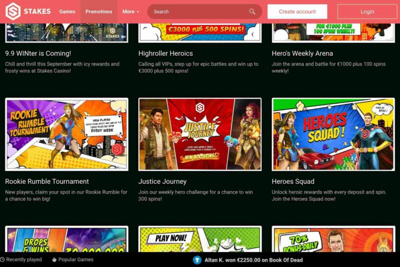 Page des promotions sur Stakes Casino