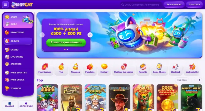Page d'accueil du site Robocat Casino
